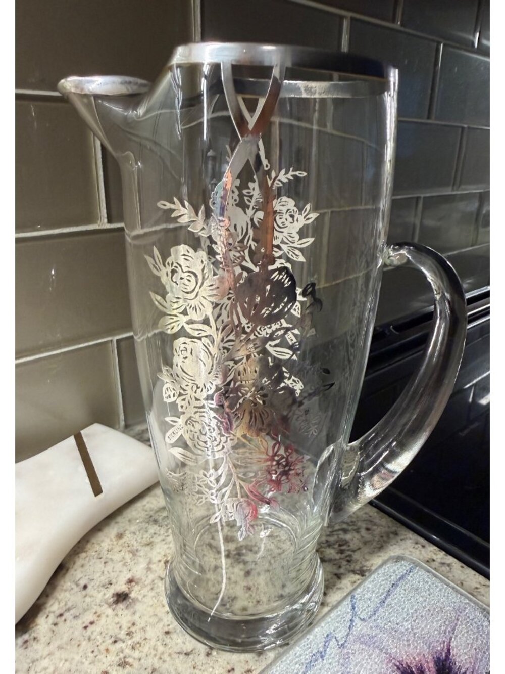 Vintage Art Deco Glass Pitcher Sterling Silver Floral Etching Table Top Decor